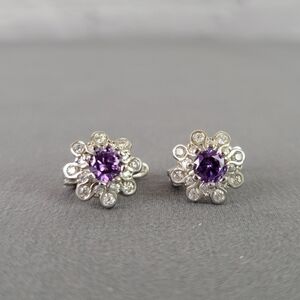 Sparkling Amethyst & CZ Silver Flower Earrings
